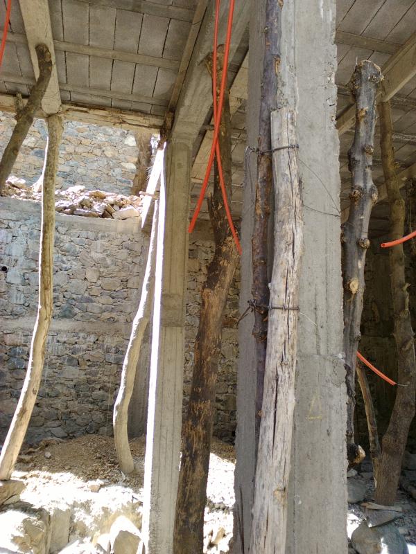 Photo of Local building methods using trunks for support and orange plastic tubes for electrical wire